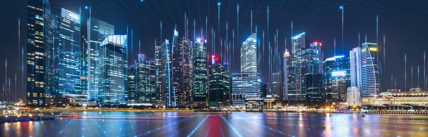 Smart city dot point connect with gradient grid line, connection technology concept. Night city banner with big data.